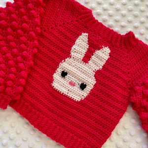 Puede incluir: Un suéter de crochet rosa con una aplicación de conejito blanco. El suéter tiene un diseño texturizado y abultado en las mangas.