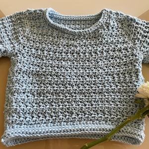 Hand-Crocheted Baby Pullover: Light Blue Cotton Blend, 6-Month Size