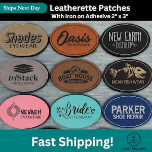 May include: Nine oval-shaped leatherette patches with iron-on adhesive. The patches are 2 inches by 3 inches and feature various designs and text, including "Shades Eyewear", "Oasis Real Estate", "New Earth Distillery", "triStack Processing", "Boat House Fishing Lodge", "Mean Fish Wear", "Nevaeh Eyewear", "Bride's Attendant", and "Parker Shoe Repair".