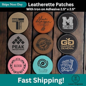May include: Nine round leatherette patches with various designs and text, including "mark designs", "blue dragon winery", "M MECHTECH TOOL DIE", "PEAK INDUSTRIES", "RESTORATION AUTO & REPAIR", "GO GARDEN GENERAL", "ALEXIA", "Bluelris LOUNGE", and "Chester Bay Crabs". The patches are 2.5 inches by 2.5 inches and have iron-on adhesive.