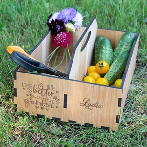 Personalized Wood Garden Caddy with Removable Seed Library Tray