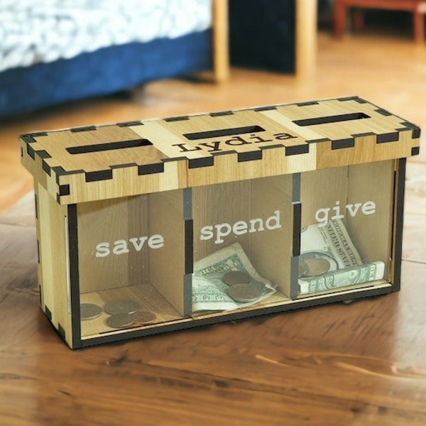 Gepersonaliseerde kinderbank, Give Save Spend Bank, Wood Piggy Bank, Dave Ramsey Inspired Gift, Financial Principles Bank, Kids Money Bank