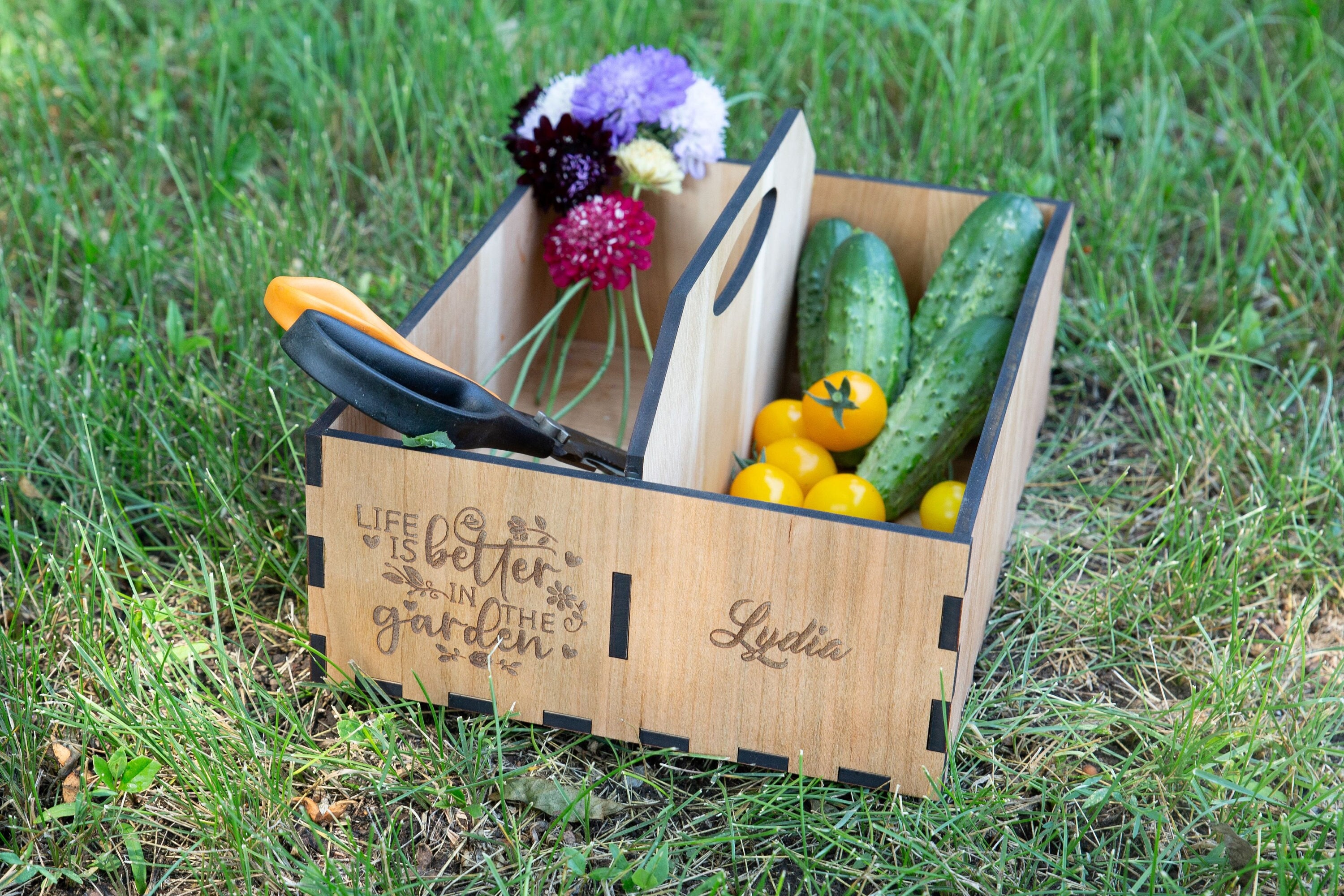 Personalized Wood Garden Caddy with Removable Seed Library Tray