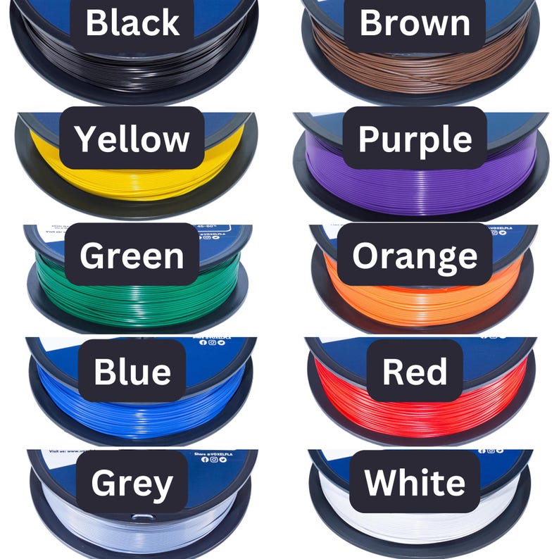 May include: A collection of spools of 3D printing filament in various colors, including black, brown, yellow, purple, green, orange, blue, red, grey, and white. Each spool is labeled with its respective color name in a white font on a black background.