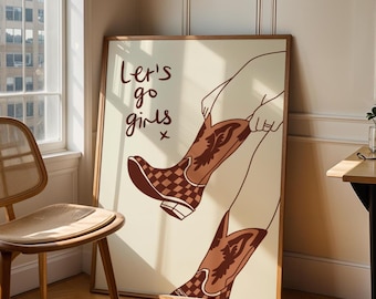 Cowboy Boots Let's Go Girls Green and Pink Print: Western Cowgirl Artwork Unframed Poster, Hen Do and Birthday Gift Idea