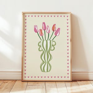 Tulip flower Vase Art Print, Bold Colourful Wall Artwork, Striped Flower Vase, A1 A2 A3 A4 A5 A6 Unframed Prints, Orange, Green, Pink