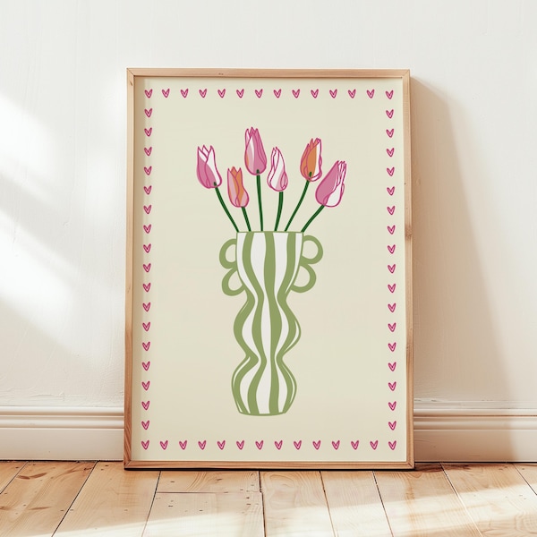 Tulip flower Vase Art Print, Bold Colourful Wall Artwork, Striped Flower Vase, A1 A2 A3 A4 A5 A6 Unframed Prints, Orange, Green, Pink