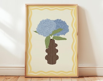 Hydrangea Flower Vase Art Print, Bold Colourful Wall Artwork, Striped Vase, Wavy Frame, Unframed Prints