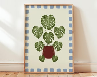 Monstera House Plant Art Print, Bold Colourful Botanical Prints, Checkered Border, Unframed Prints A1 - A6