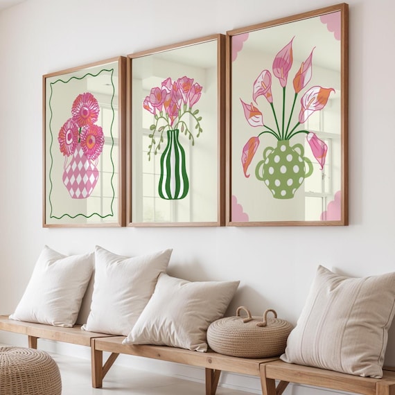 Print Bundle, Flower Print Gallery Wall Set, Set of 3 Flower Vase Art Prints, Peaceful Wall Art, Gerberbas, Freesias and Calla Lilies