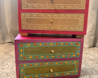 Boîte à bijoux en bois peint, style bohème, deux tiroirs