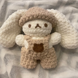 Crocheted kawaii lop eared bunny plush with bear outfit