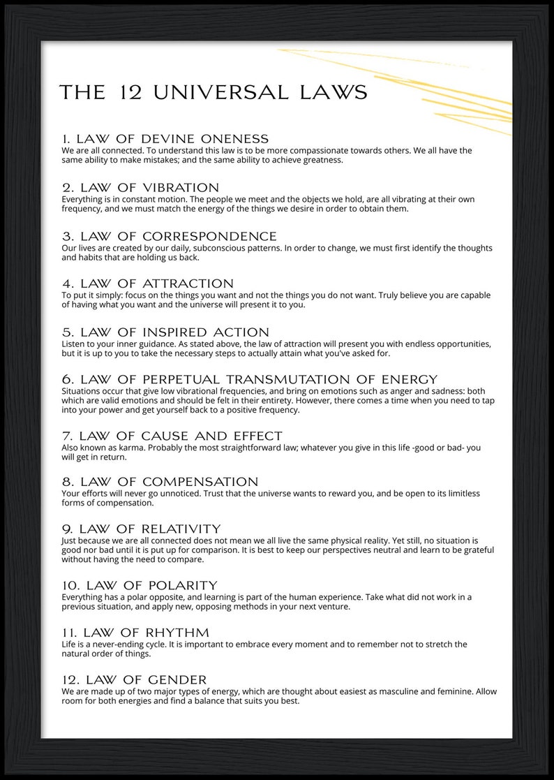 The 12 Universal Laws Framed Poster / Divine Affirmation / Positive ...