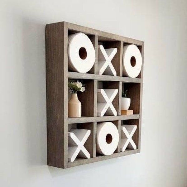 Toiletrolhouder, Tic Tac Toe toiletpapierplank, Wandgemonteerde toiletpapieropslag, Handgemaakt interieur, Kinderbadkamerdecor