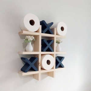 Excello Global Products Rustic Wooden Toilet Paper Holder: Tic Tac Toe Design for Wall Mounted or Freestanding Bathroom Tissue Roll Storage Organizer