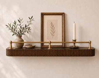 Shelf with Brass Gallery Rail | Rounded Fluted Floating Shelf with Gallery Rail | Mid Century Modern Shelving | Brass Tipping Rail