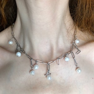 Paperclip necklace, Surgical steel necklace, Chain necklace, With Freshwater pearls, Hypoallergenic, Handmade, Punk Style.