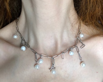 Paperclip necklace, Surgical steel necklace, Chain necklace, With Freshwater pearls, Hypoallergenic, Handmade, Punk Style.