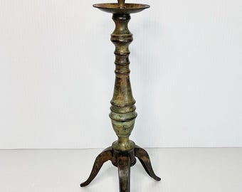 Vintage Iron Tripod 14” Candlestick Holder Gothic Altar Spanish Verdigris Green