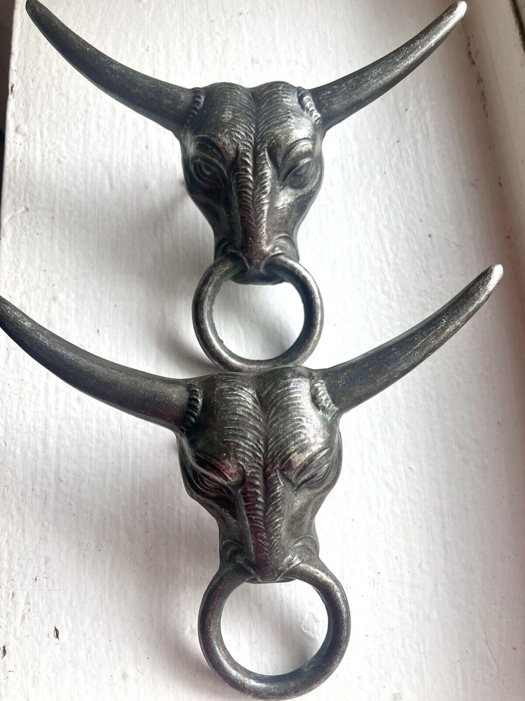 Vintage Iron Hardware Pulls 5 Inch Cow Bull Head Steer Horn Drawer ...