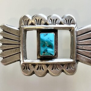 1980s Native American NAVAJO Sandcast Silver & Turquoise Belt Buckle Openwork Navajo Vintage Turquoise Sandcast Silver Belt Buckle by Mike  main image 4