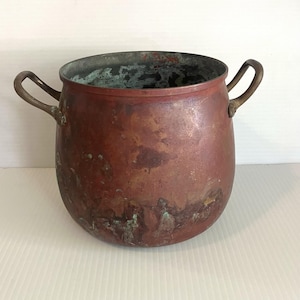 Caldero de cobre vintage con doble asa de latón, tetera primitiva de Tajo