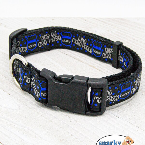 Dog Collar Blessed Are Peacemakers | Thin Blue Line Collar | Available for Medium/Large Dog Only | Black Dog Collar w/ Blue Foil Print Badge