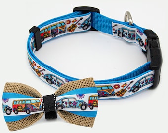 May include: A blue dog collar with a white background and a pattern of colorful vintage vans, guitars, and flowers. A matching brown and white bow tie with the same pattern is also included.