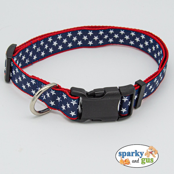 Dog Collar | Stars on Navy | 1" Adjustable Collar for M/L Breed Dog | Red, White, Blue  | 4th of July | Matching Pet Bowtie Available | Gift