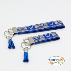 US Air Force Keychain with Tassel | USAF Key Fob | Regular or Mini Keychain | USAF Logo on Gray Camo Background | Charm Included