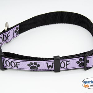 Dog Collar | Lavender with Black Glitter Paws and WOOF | 1&quot; Adj. Collar for M/L Dog | Limited Quantities Available