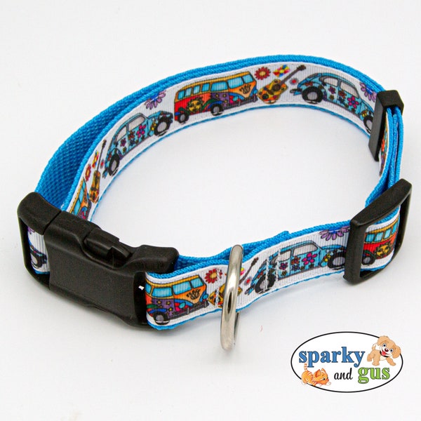 Dog Collar | Hippie Vans and Beetles Dog Collar | 1" Adjustable Collar for M/L/XL Dog | Matching Bowtie Avail | Gift for Hippie or Wannabe