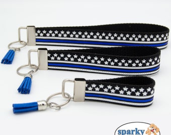 Police Keychain with Tassel | Thin Blue Line with Stars and Stripes| Available in 3 sizes | Charm Included | Gift for Police Officer