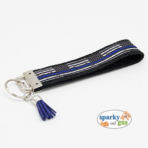 Police Keychain with Tassel | Tattered Flag Thin Blue Line | Regular or Mini Keychain | Matching Charm Included | Gift for Police Officer