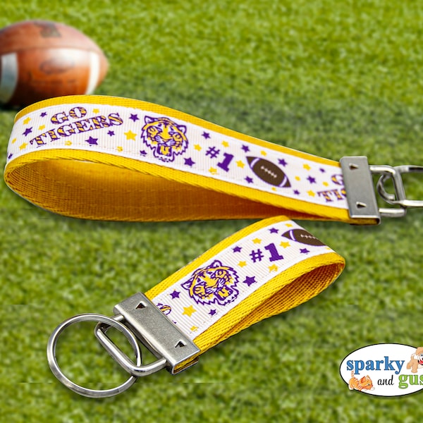 Football inspired Keychain With Tassel | Go Tigers Key Fob | Regular or Mini | Charm Included | College Football | Purple & Gold Key Fob