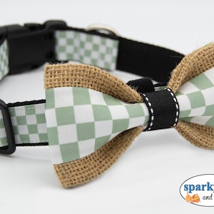 May include: A green and white checkered dog collar with a brown burlap bow tie. The bow tie has a black strap with white stitching.