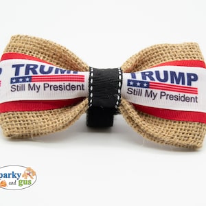 May include: A brown burlap bow tie with a red, white, and blue ribbon featuring the text "TRUMP Still My President" and a small American flag.