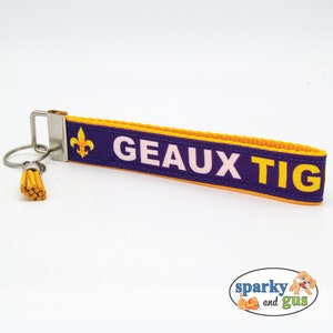 Purple and Gold Keychain with Tassel | GEAUX TIGERS key fob | Includes Charm | College Football | Backpack Zipper Pull