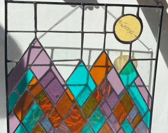 Stained Glass Mountain Panel | Colorful Mountain Landscape Window Hanging | Cabin & Lake House Decor