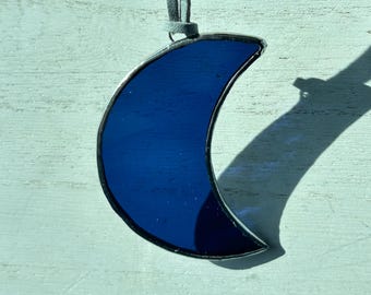 Blue Stained Glass Crescent Moon Suncatcher | Celestial Window Hanging | Moon Lover Gift