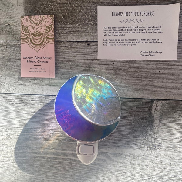 Stained glass sun catcher, Stained glass iridescent moon nightlight