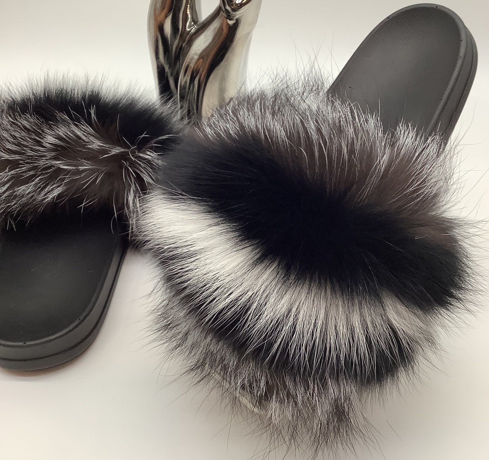 Women Real Fur Slides Fluffy slides Fur Sandals Grey White | Etsy