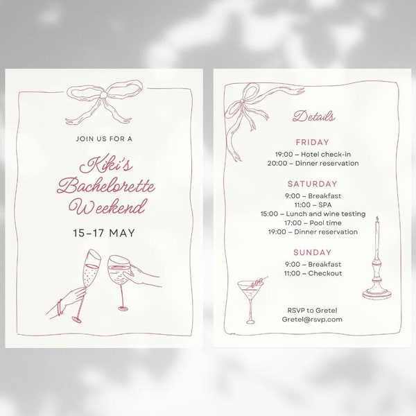 Illustrated Hand Drawn Bridal Shower Invitation, Bow Girly Invitation, Party Invitation, Printable Template, Illustration drink and cake