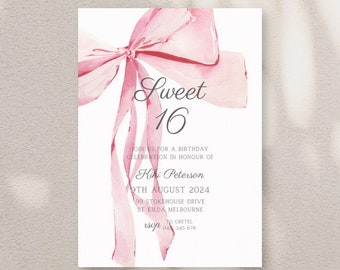 Sweet 16 Invitation, Pink Invitation, Birthday Invitation, Printable Template, Girly Bow Ribbon & High Tea, Garden Party Coquette 16th