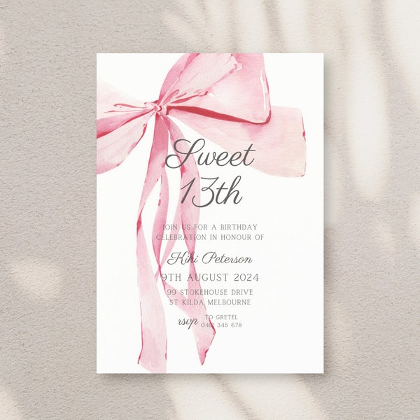 Sweet 13th Invitation, Pink Invitation, Birthday Invitation, Printable Template, Girly Bow Ribbon & High Tea, Garden Party Coquette 13th