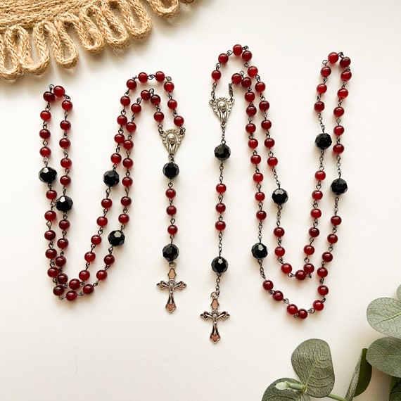 Hot Topic Red & Black Bead Cross Rosary Necklace