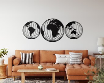 Drie bollen wereldkaart decor, metalen wand decor, metalen wereldkaart kunst aan de muur, interieur decoratie, muur opknoping, huis woonkamer decor