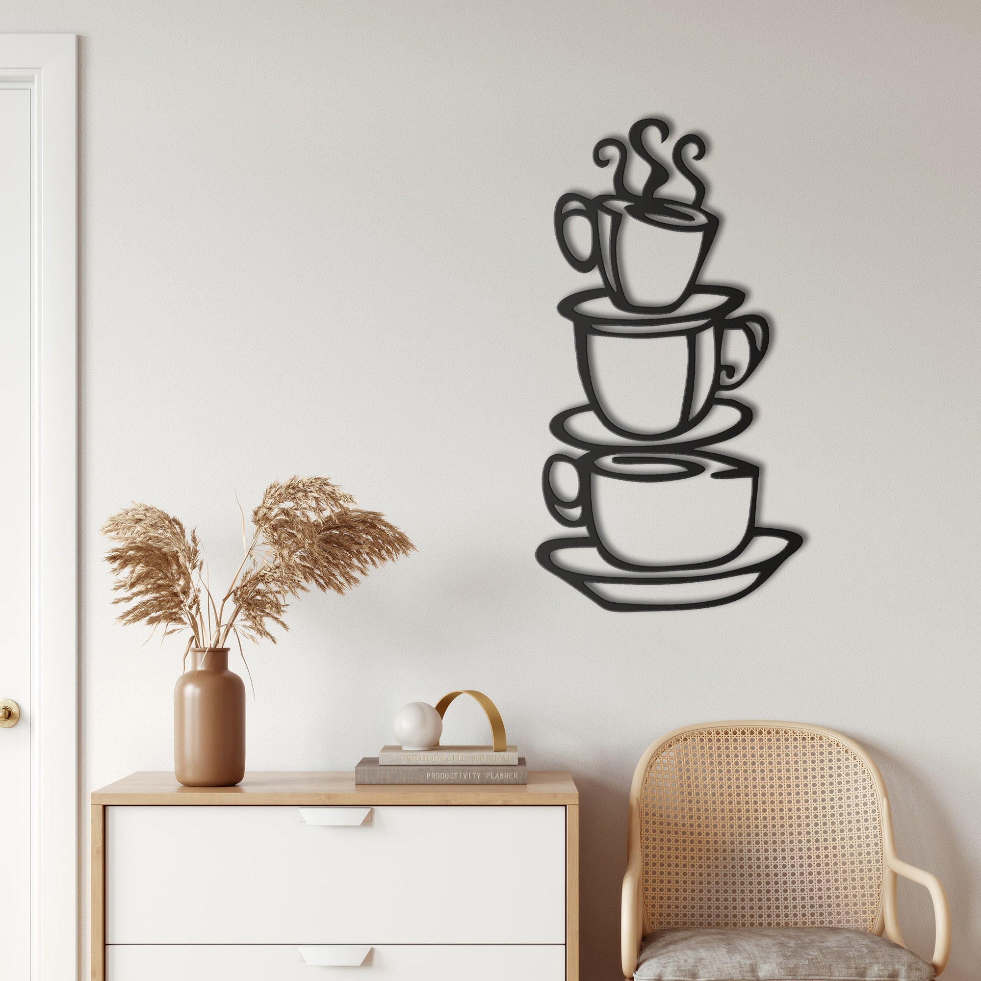 1pc Coffee Bar Metal Wall Decoration Black Coffee Cup Silhouette Large Hard  Cups Wall Art Sculptures Modern Design Hanging, For Home Cafe Kitchen Rest