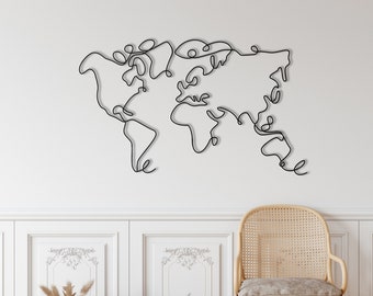 Mappa del mondo minimalista, arte della parete della mappa del mondo, decorazione della parete in metallo, arazzi in metallo, decorazione del soggiorno di casa, arte della parete in metallo, arredamento per ufficio