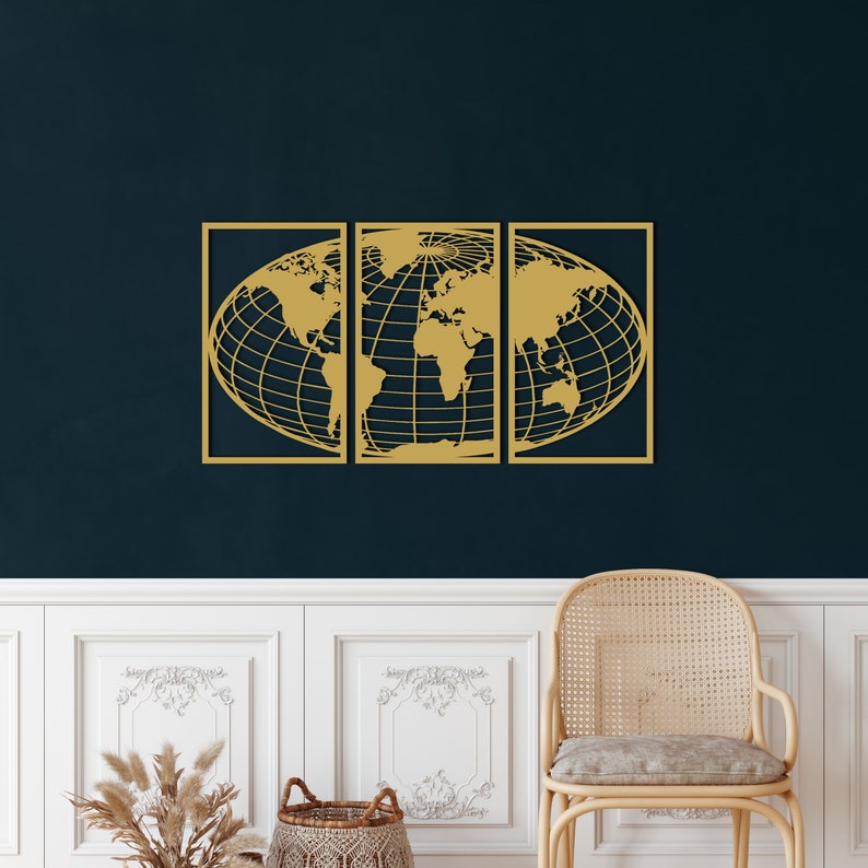 World Map Globe Metal World Map Wall Art Interior Etsy